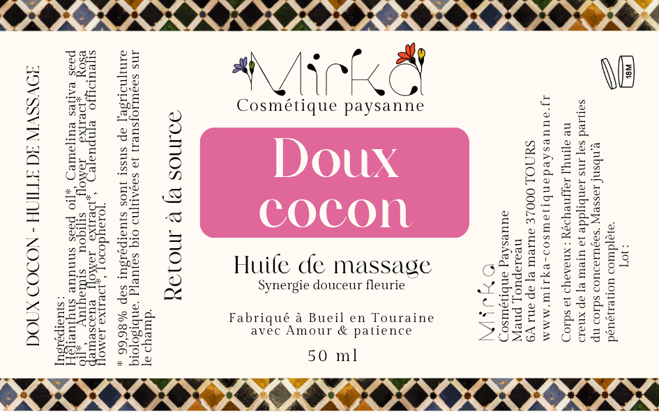 Flacon 50ml huile de massage Doux Cocon - soin cocooning naturel - Mirka artisanale