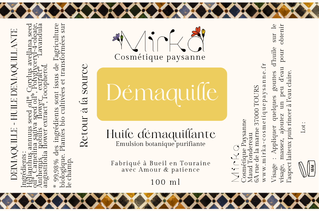 Flacon huile démaquillante - maquillage dissous naturellement - Mirka artisanale
