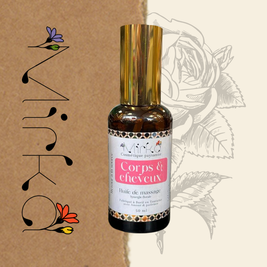 Huile de massage florale corps et cheveux - nutrition et douceur - Mirka Cosmétique Paysanne