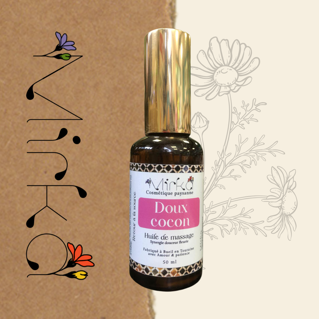 Huile de massage Doux Cocon - enveloppant et nourrissant - Mirka Cosmétique Paysanne