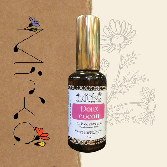 Huile de massage Doux Cocon - enveloppant et nourrissant - Mirka Cosmétique Paysanne