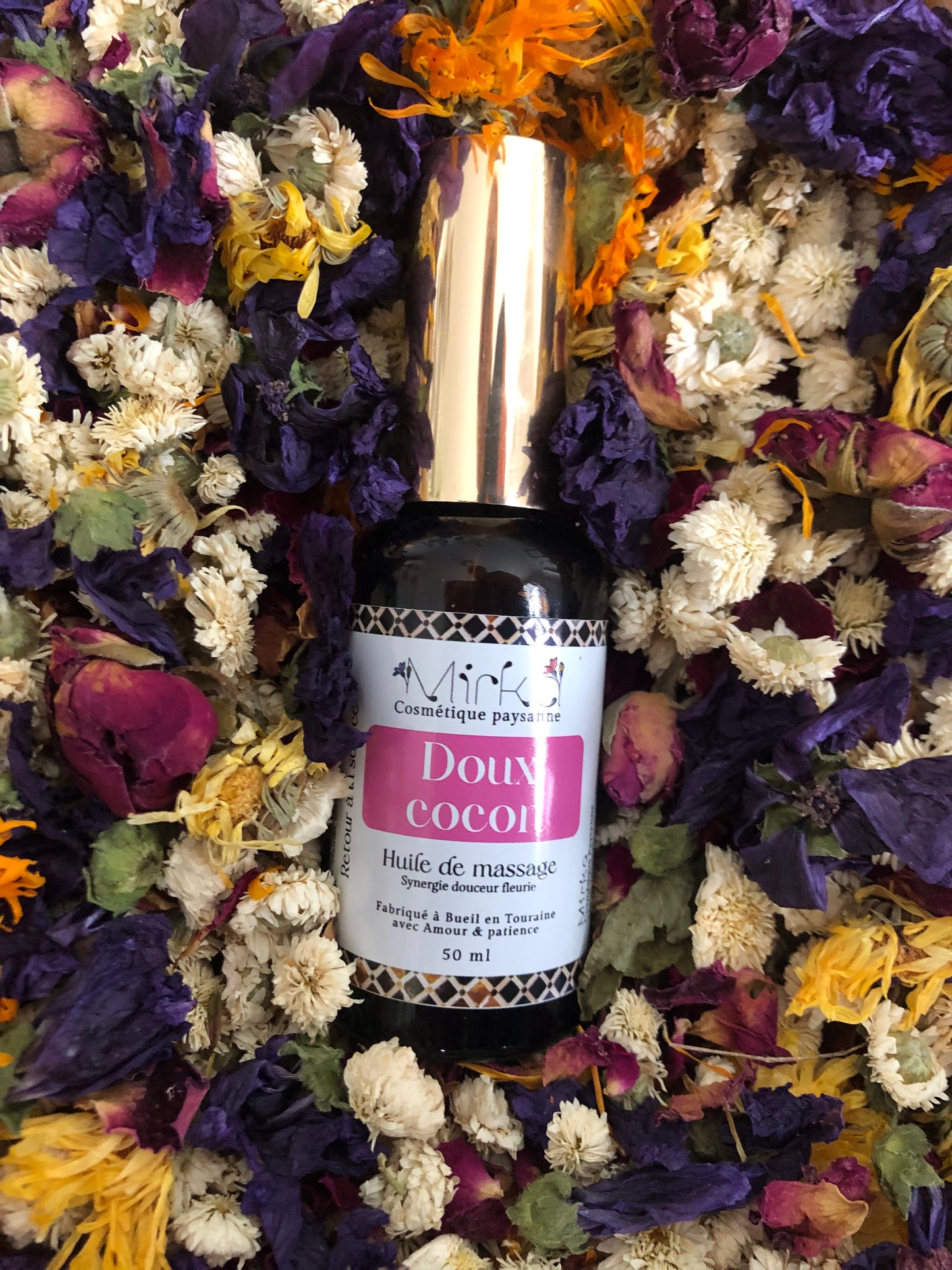 Huile massage Doux Cocon - soin naturel cocooning - Mirka cosmétique artisanale
