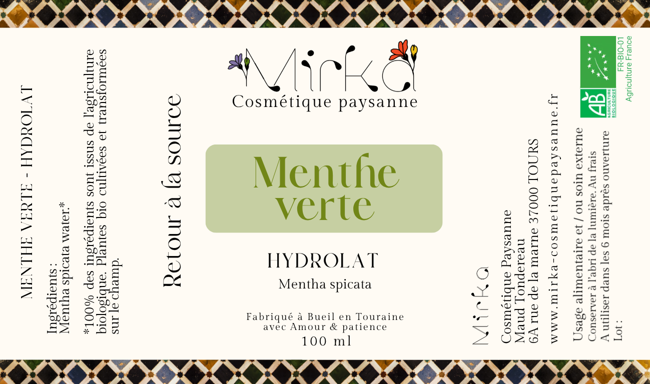 Flacon 100ml hydrolat de menthe verte - eau florale naturelle - Mirka artisanale